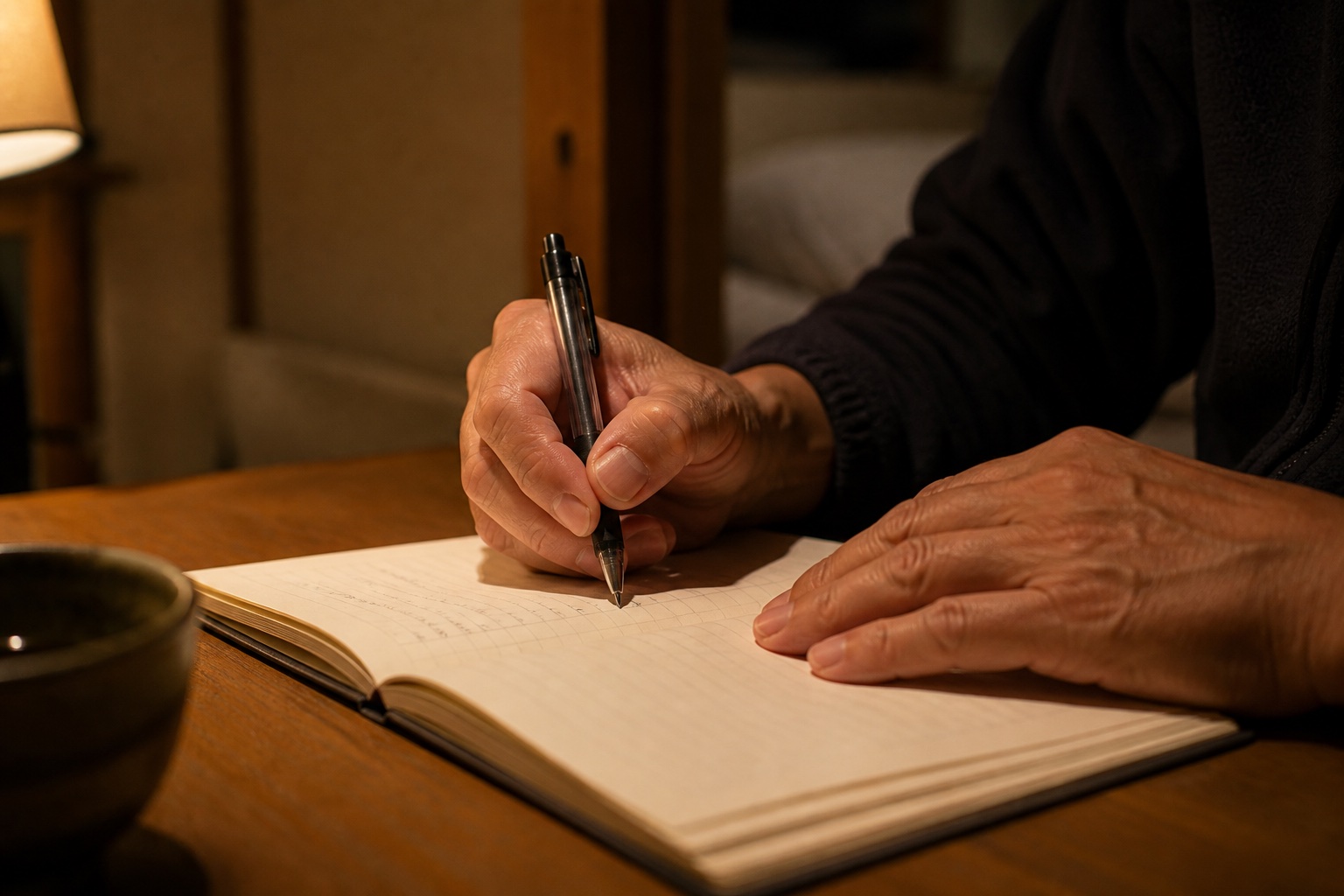 夜、読書灯の下で手元のノートに言葉を書き留める場面